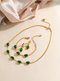 Oval Green Crystal Pendant Necklace Set With Bracelet
