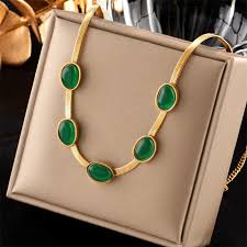 Oval Green Crystal Pendant Necklace Set With Bracelet
